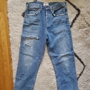 Agolde 90s Jean size 27. Blue denim with straight leg and thigh slit.